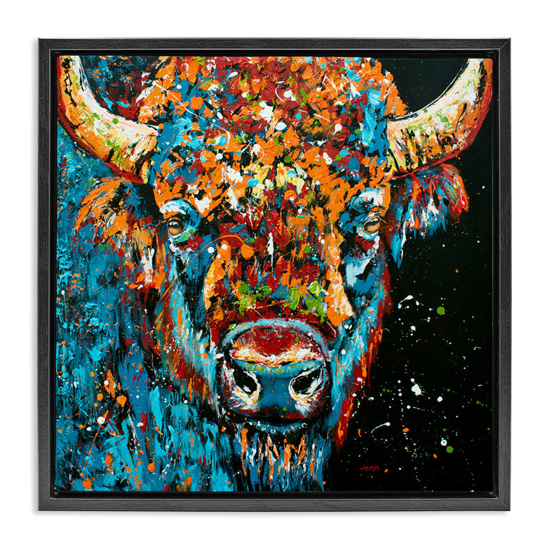 Bison moderne avec éclaboussures de peinture, Cadre flottant noir de jais, H 18 po x l 18 po