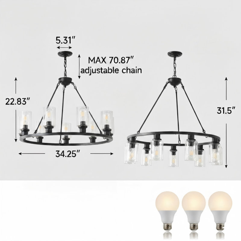 Lustre en roue de chariot 9 lumières noires, luminaire suspendu de style campagnard pour salon, salle à manger et cuisine - base E26 (ampoules non incluses)