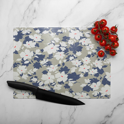 White Flowers Glass Chopping Board