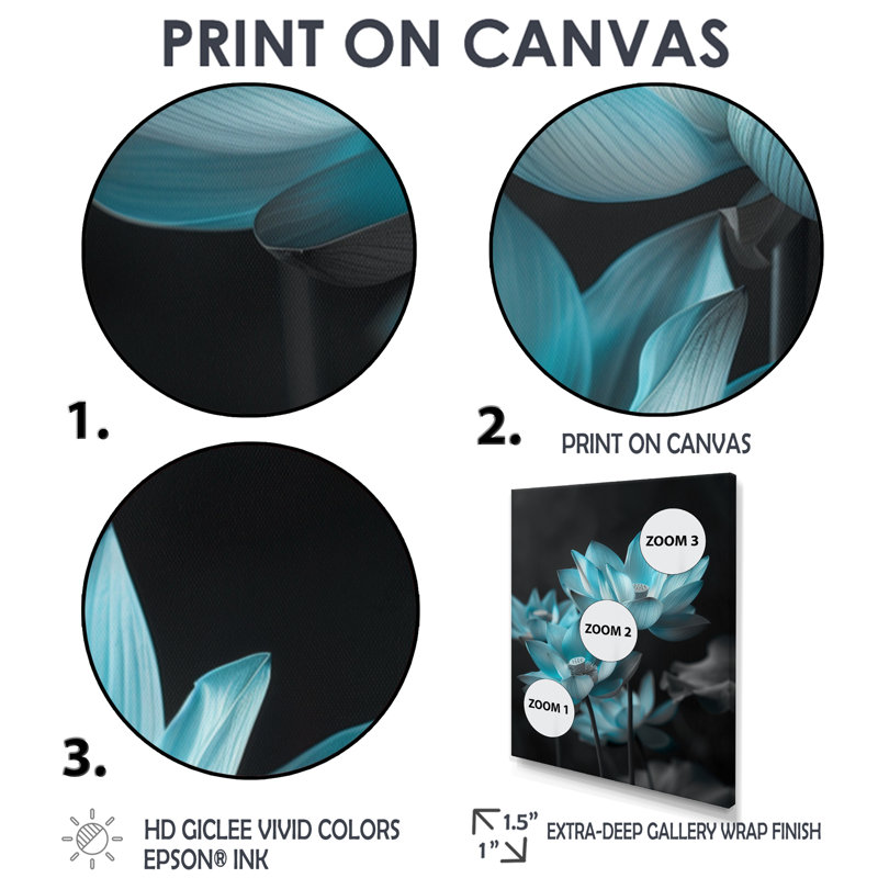 Art mural bleu Lotus rayonnant II - Lotus, Cadre flottant noir, H 34 po x l 44 po