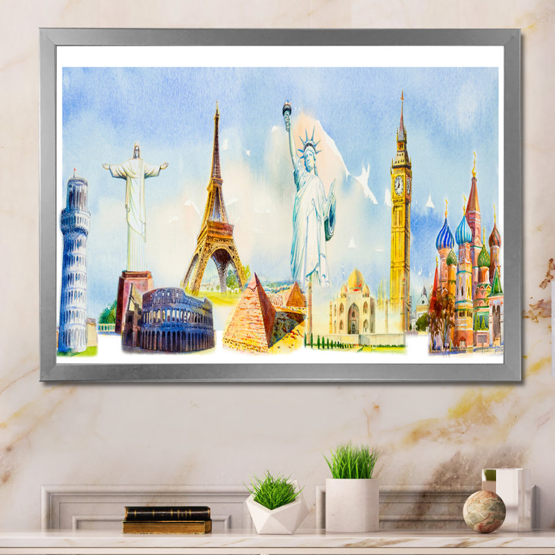 «Famous Repères Of The World IV», reproduction sur toile flottante, Cadre photo argenté, H 16 po x l 32 po x P 1 po