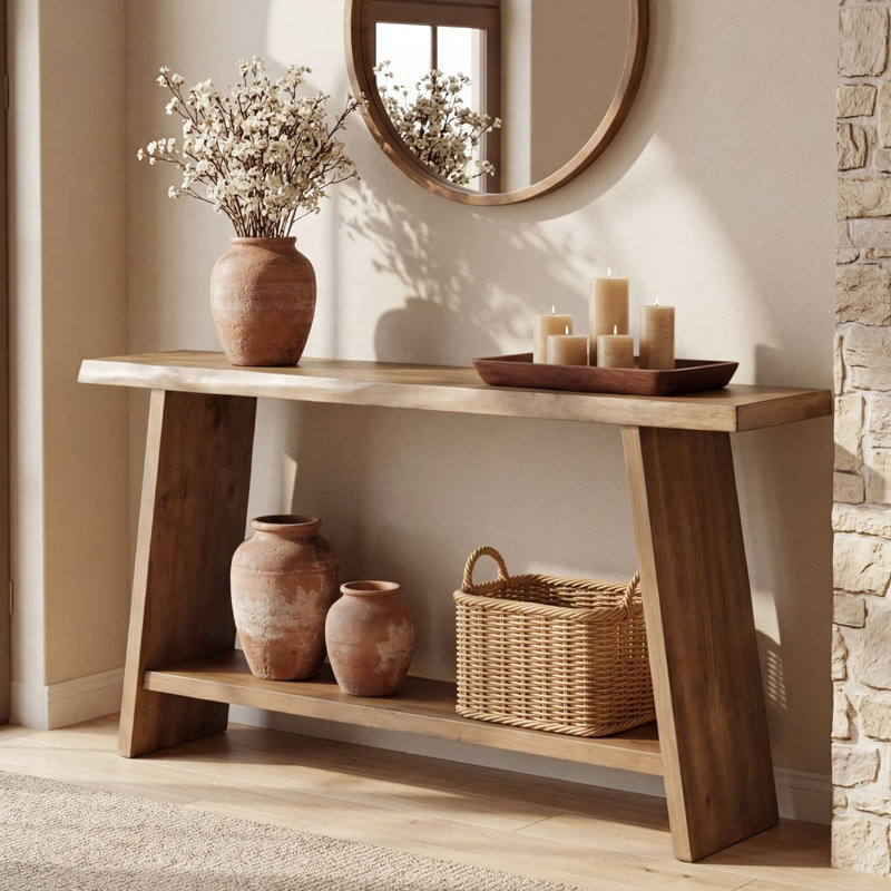 Console de 63 po en bois massif, table d'entrée avec tablette de rangement