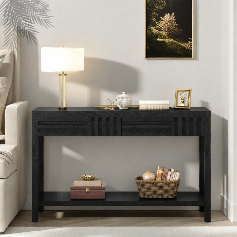 Modern Console Table With Striped Design, 2 Drawers And 2-tier Design, Black