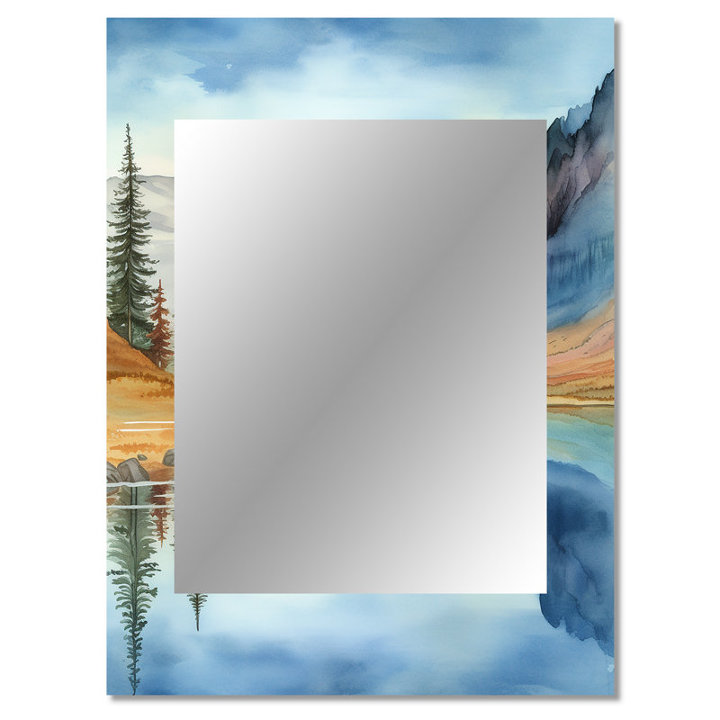 Calming Mountain Riverside I - miroir unique de montagnes, grand miroir mural traditionnel, impression d'art en métal