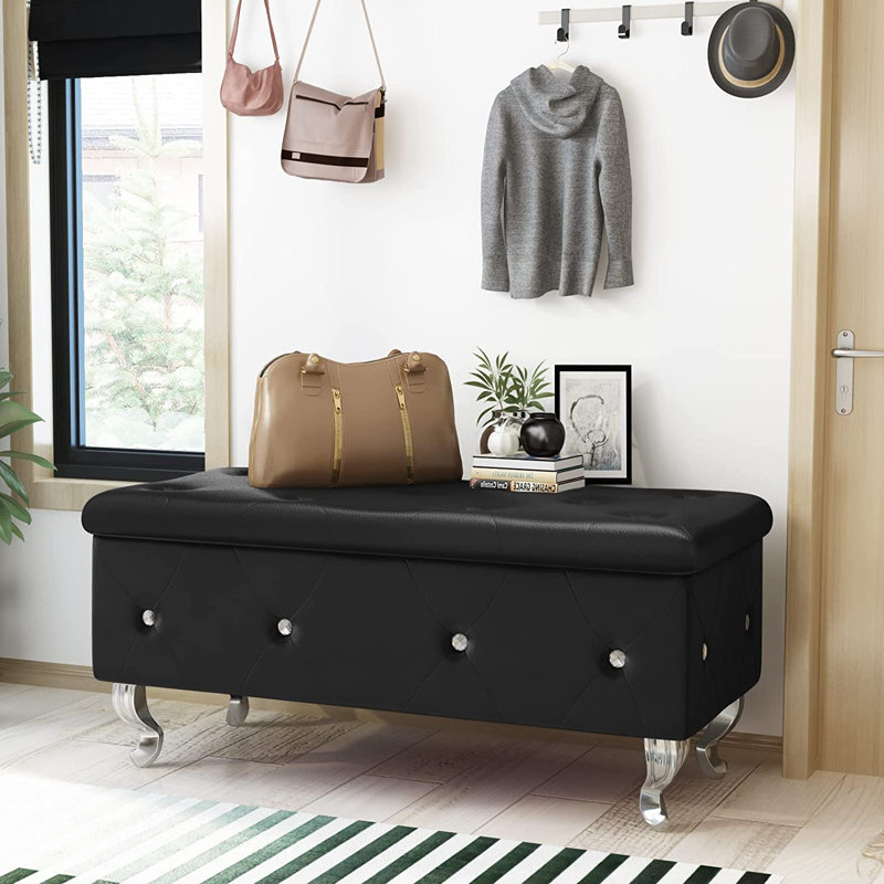 Repose-pieds de rangement rectangulaire en similicuir de 37,4 po Voxto, Similicuir noir