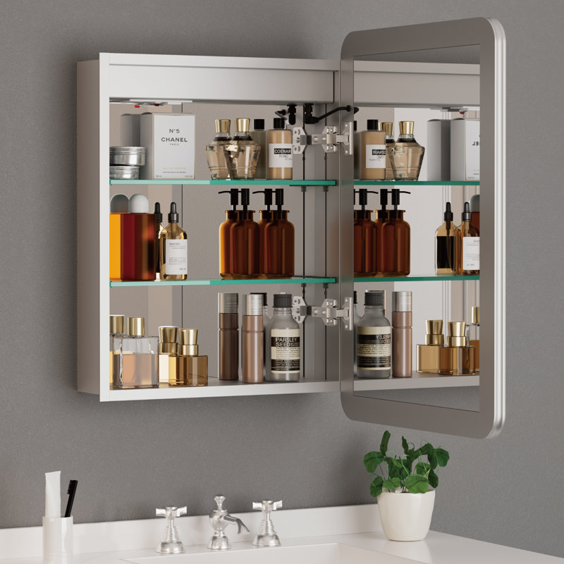 Armoire à pharmacie en aluminium de 61 cm (L) x 76 cm (H) avec miroir, éclairage DEL, antibuée, intensité variable et 3 couleurs, fonction mémoire, étagères en verre réglables, port USB et prise homologuée UL, montage encastré ou en saillie