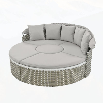 Patio Furniture Round Outdoor Sectional Sofa Set Rattan Daybed Two-Tone Weave Sunbed with Retractable Canopy, Separate Seating and Removable Cushion