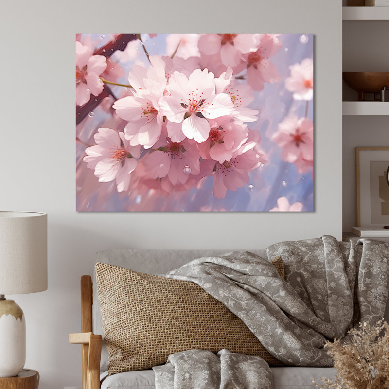Fleurs de cerisier roses minimalistes IV - impression sans cadre sur métal, H 16 po x l 32 po x P 1 po