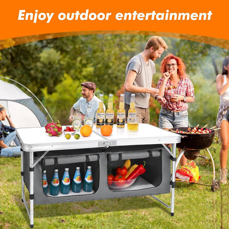 Table de camping portable pliante en aluminium avec pieds réglables, table d'extérieur légère, blanc