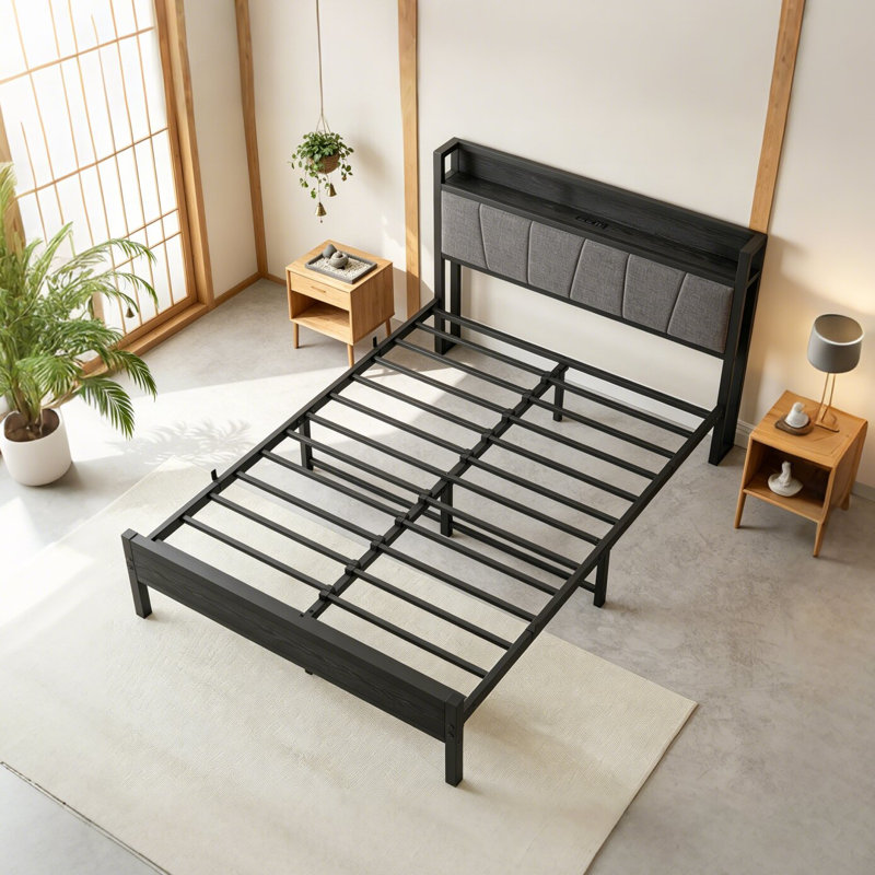 Structure de lit, tête de lit avec station de charge, solide et stable, sans bruit, aucun sommier nécessaire