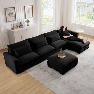 Modern Sofabig Deep Seat U-Shaped Corduroy Sectional Couches  , 4 Seater Sofa Couch With 2 Storage Footstool And 4 Waist Pillows Corduroy, Black