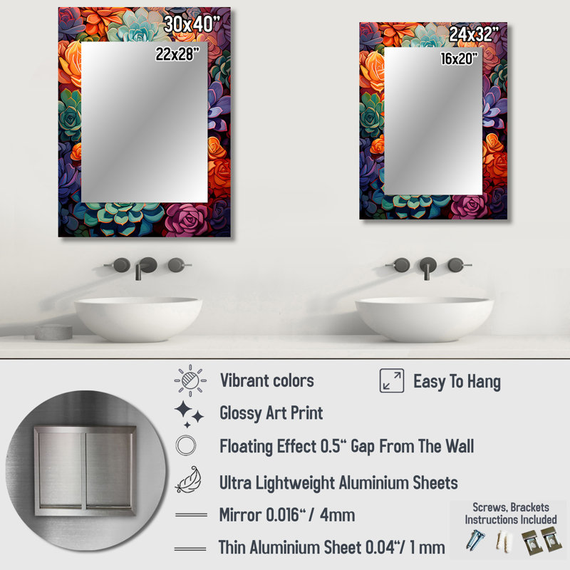 Symphonie colorée de plantes grasses - succulente grand miroir, décor de miroir mural traditionnel unique, impression d'art en métal
