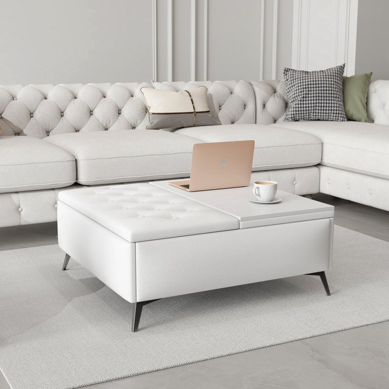 Bancs carrés avec rangement à plateau relevable et table, Blanc