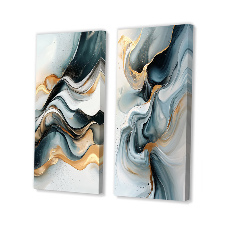 Abstrait écho glaciaire doré de reflets liquides I - Collection abstraite d'art mural 2 panneaux, H 28 po x l 25 po