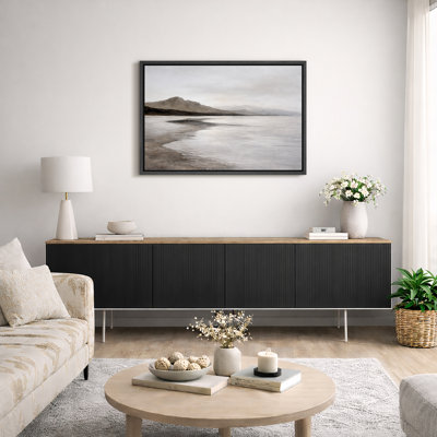 Minimalist Coastal Beach Landscape Artwork, Neutral Living Room Pictures, Framed Canvas Giclee Print Wall Art