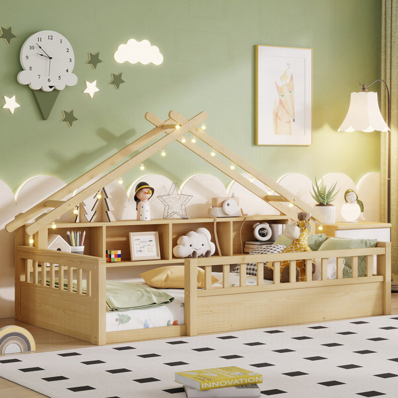 Lit en bois avec tablettes de rangement, Naturel, Lit simple