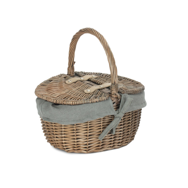 Small Wicker Picnic Basket with Lining, 30cm H x 30cm W x 23cm D, Antique Wash/Grey Lining