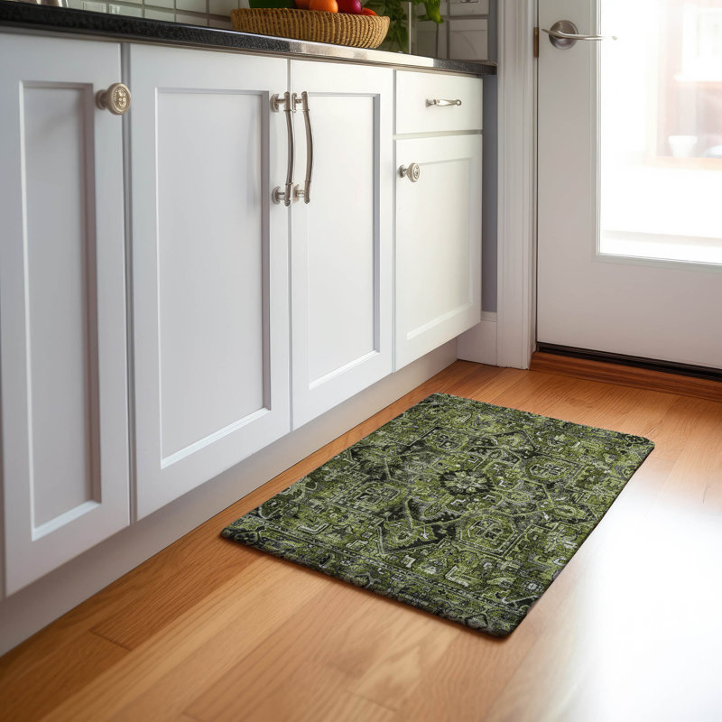 Premium Machine Washable Cerrito AMF570 Olive Rug, Rectangle 1'8" x 2'6"