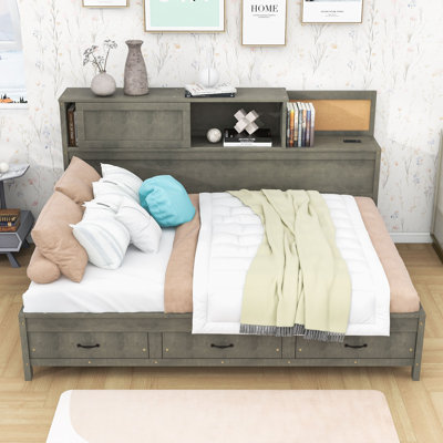 3 Drawers Wooden Daybed with Pushable Shelf, USB & Socket Charging Station by Lark Manor