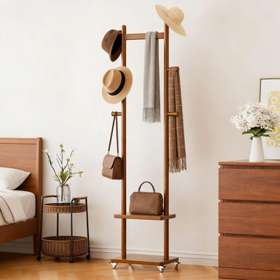 Solid Wood Freestanding Coat Rack with Storage Shelves, 5 Hooks and Wheels