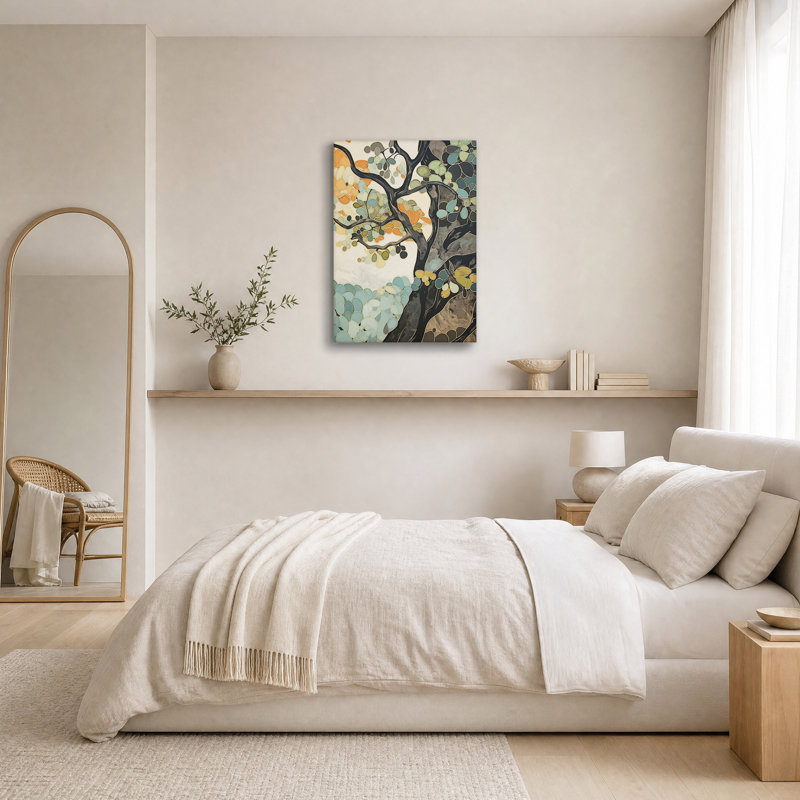 Tableau abstrait sur toile représentant un arbre aux feuilles turquoise et orange, H 36 po x l 24 po
