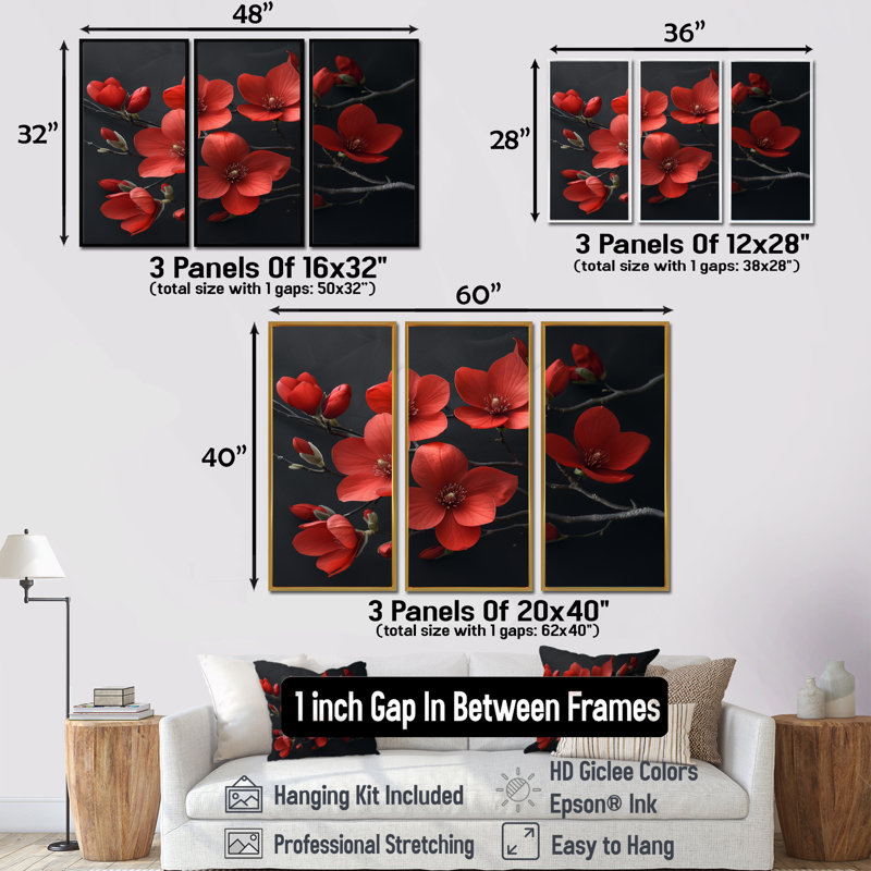 Ensemble de décoration murale Ritzman - Magnolias, H 28 po x l 36 po x P 1 po, Toile avec cadre flottant or