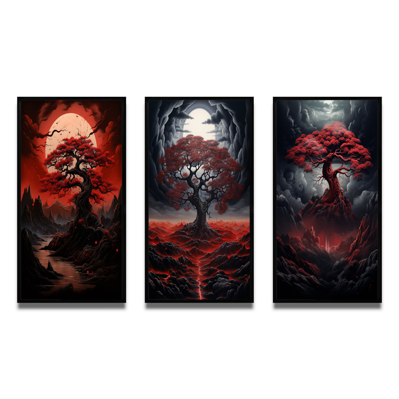 Ensemble de 3 pièces occultant arbre rouge pleine lune, H 28 po x l 36 po, Cadre flottant noir