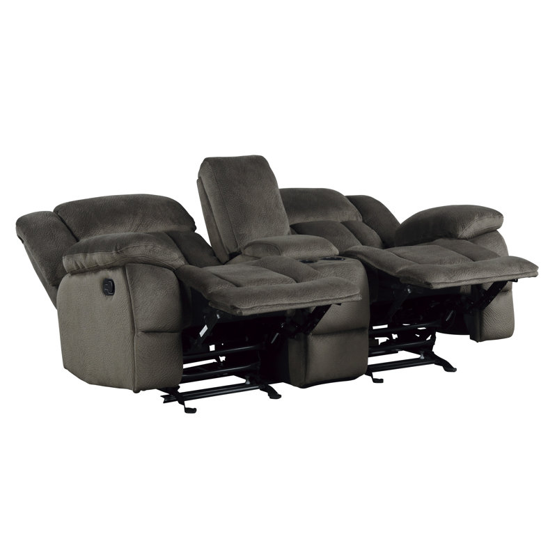 Ensemble de canapés inclinables de style transitionnel avec console centrale et revêtement en microfibre douce