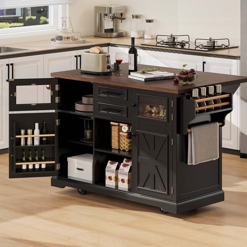 Rolling Kitchen Island with Drop Leaf,Power Outlet,and Ample Storage on Wheels for Modern Kitchens and Dining Rooms, Black