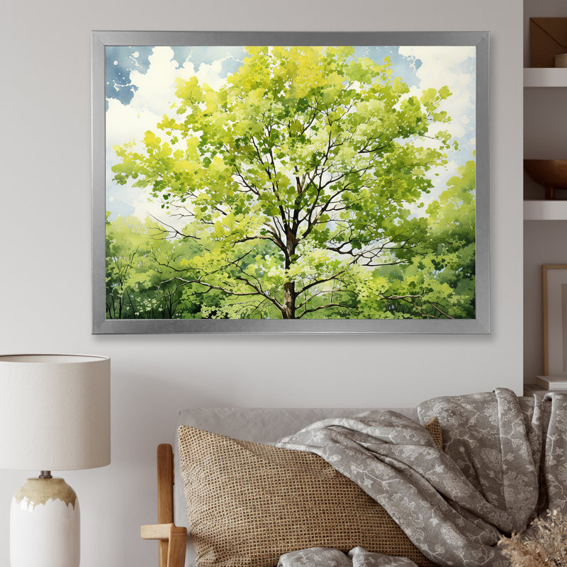 «Green Spring Blooms Tree I», art mural arbre, Cadre flottant doré, H 16 po x l 32 po x P 1 po