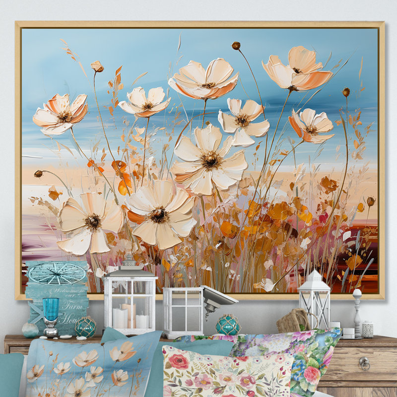 «Beige Wildflowers», impression sur toile, Cadre naturel flottant, H 24 po x l 32 po x P 1 po