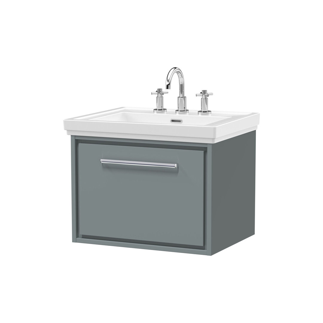 Hudson Reed Lille 600mm Fern Green 1 Drawer Wall Hung Vanity Unit With 3 Tap Holes Fireclay Basin