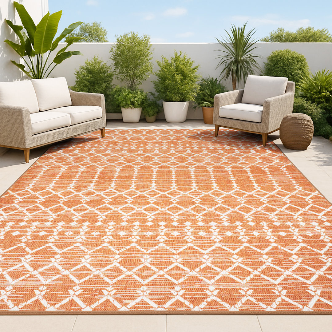Avag Moroccan Geometric Textured Weave Orange/Cream Indoor/Outdoor Rug Foundry Select Rug 