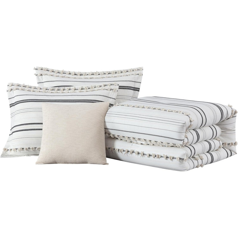 Maru Clip Jacquard Pom Pom Comforter Set, King Comforter+2 King Shams+1 Throw Pillow