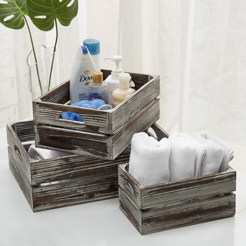 3-Piece Nesting Distressed  Wood Storage, Gray
