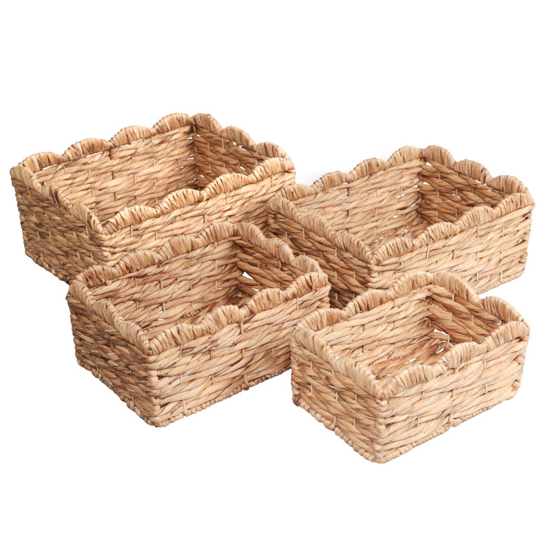 Coral Rustic Cottage Handwoven Water Hyancinth Scalloped Edge Nesting Storage Baskets (Set of 4), Natural