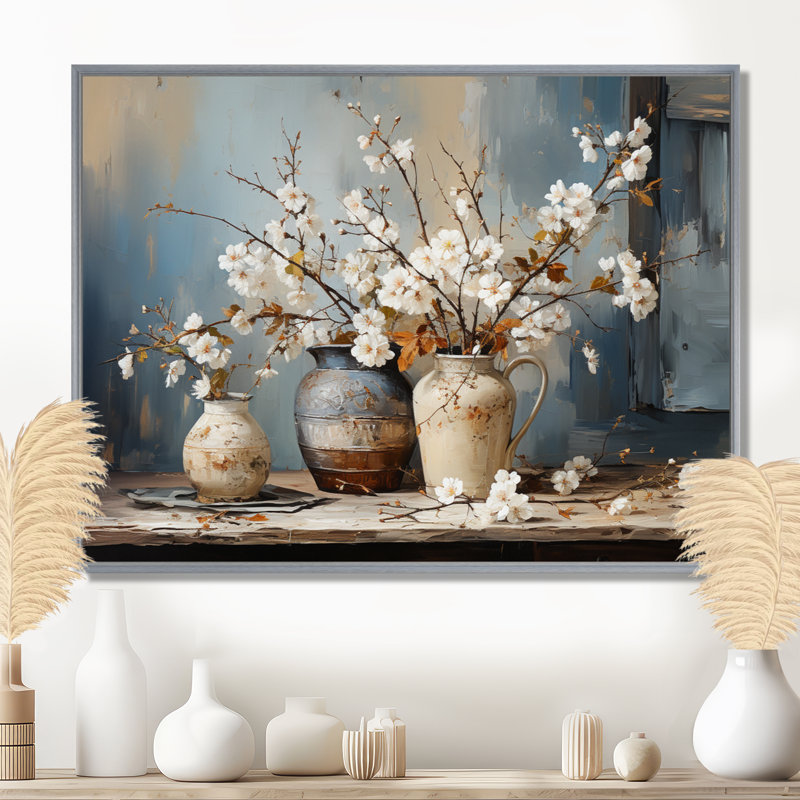 Art mural de poterie et de fleurs nature morte I, Reproduction avec cadre flottant, H 16 po x l 32 po, Argent argent