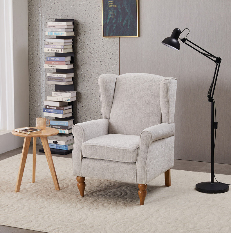 Coffee Table & Armchair Set,Vintage Luxury Style, a high-back comfortable reading chair (beige) & a solid wood coffee table (Natural Wood) , suitable for living rooms and bedroom relaxation areas.