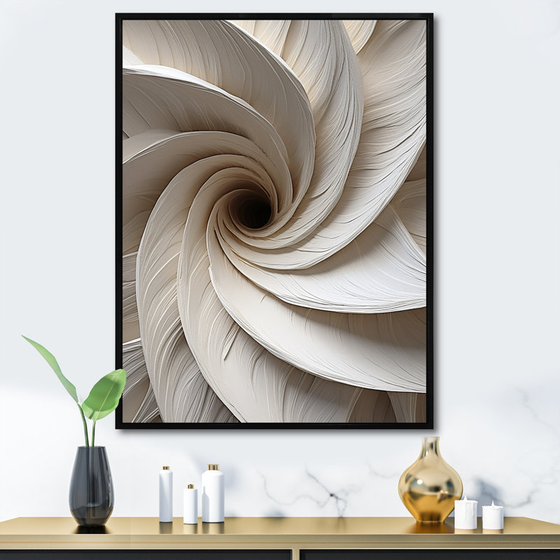 «White Minimalisme Spiral Poteries» - art mural abstrait à grandes spirales, Cadre flottant noir, H 32 po x l 24 po x P 1 po