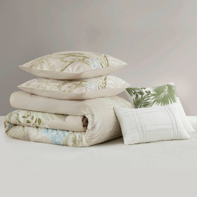 Coastal Botanical Cotton Duvet Ensemble with Decorative Throw Pillows