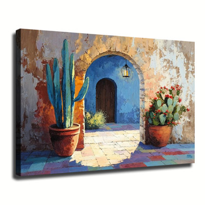 Mediterranean Arch Courtyard Potted Cactus Floral Oil Painting, Large Gallery Wrapped Canvas Wall Art Print For Living Room Bedroom