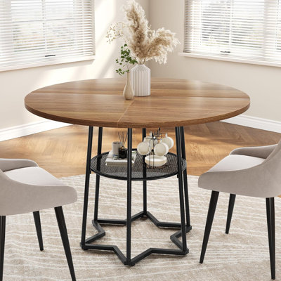 Table de salle à manger ronde en bois, base hexagonale en métal avec filet de rangement central et tablette pour la salle à manger de cuisine