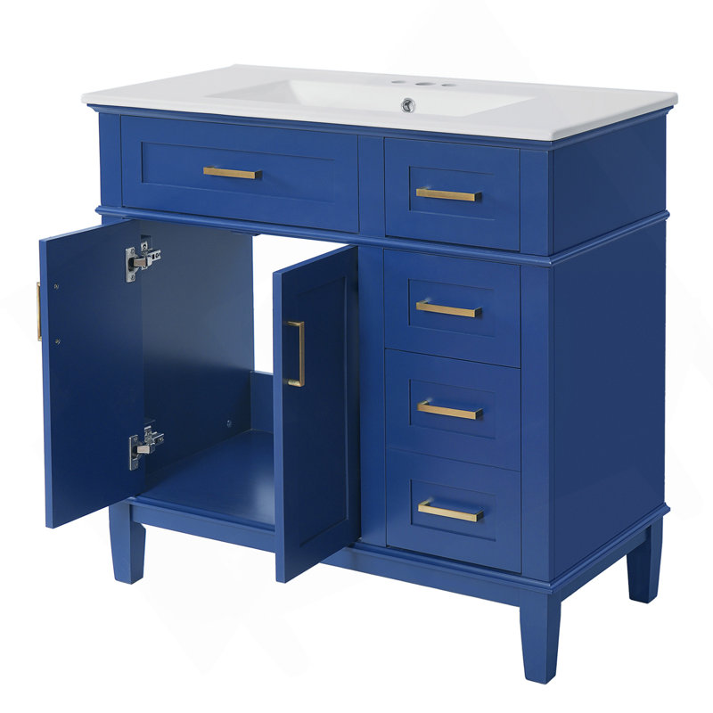 36" Blue Modern Bathroom Vanity With Ceramic Sink, Soft Close Doors, 4 Drawers For Storage, Elegant Design For Small Bathrooms