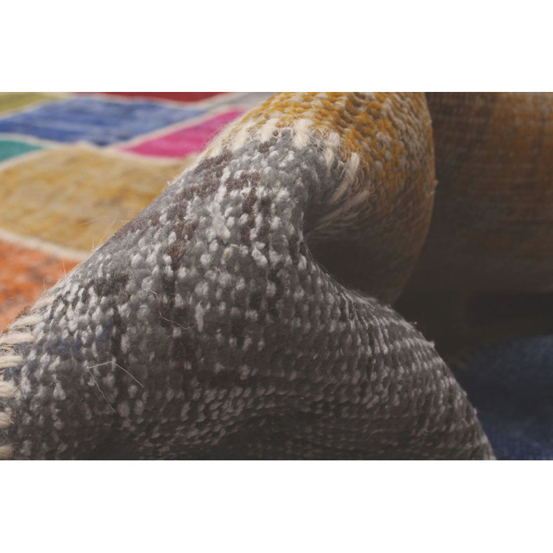 Tapis noir / bleu / orange en laine noué à la main de conception unique 6 pi 7 po x 10 pi Kallol