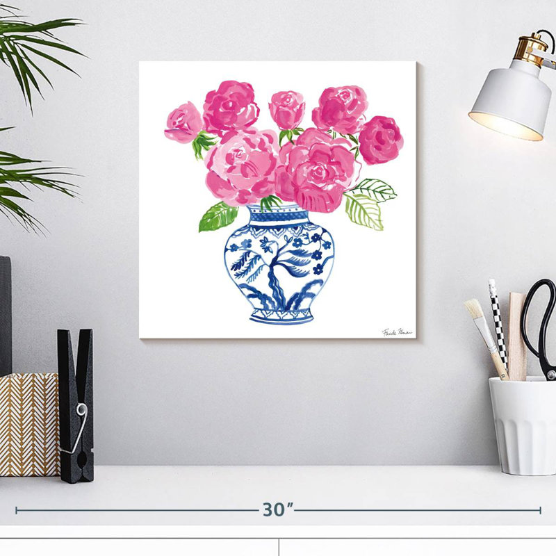 Harnek chinoiserie roses sur fond blanc I, H 16 po x l 16 po