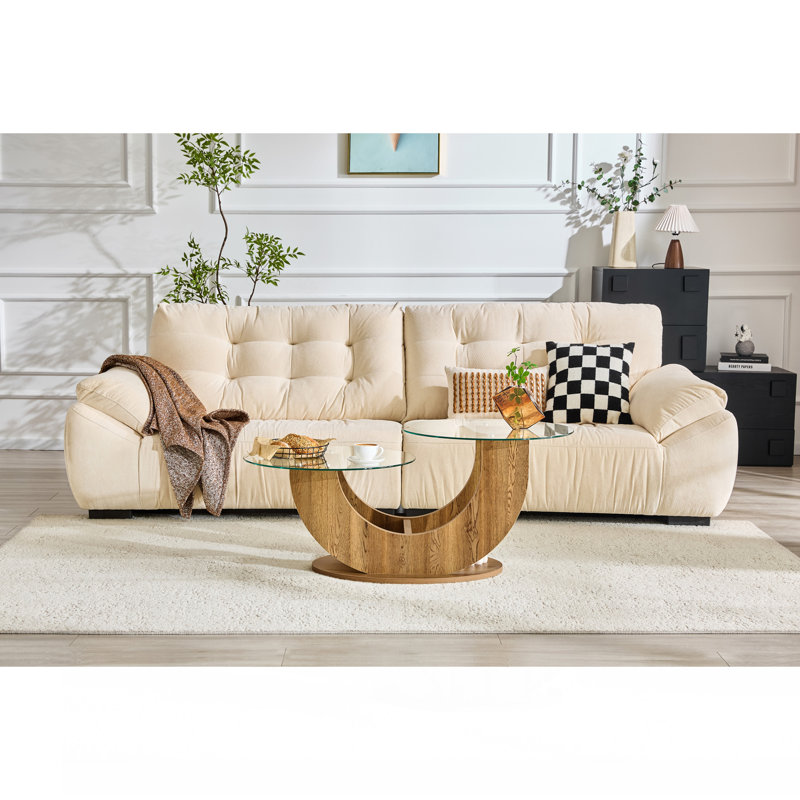 Table basse créative en U à deux niveaux en verre avec base en panneau de fibres à densité moyenne à grain de bois: une table d'appoint de salon moderne et minimaliste à hauteur réglable.