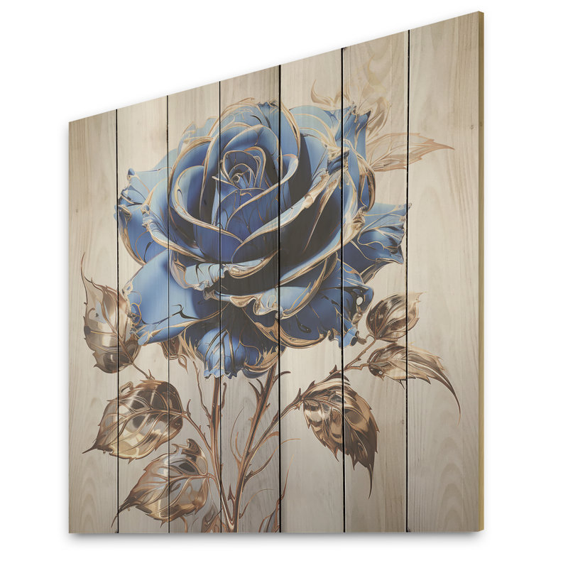 Verre doré et rose bleue III - Rose sur bois, H 15 po x l 15 po