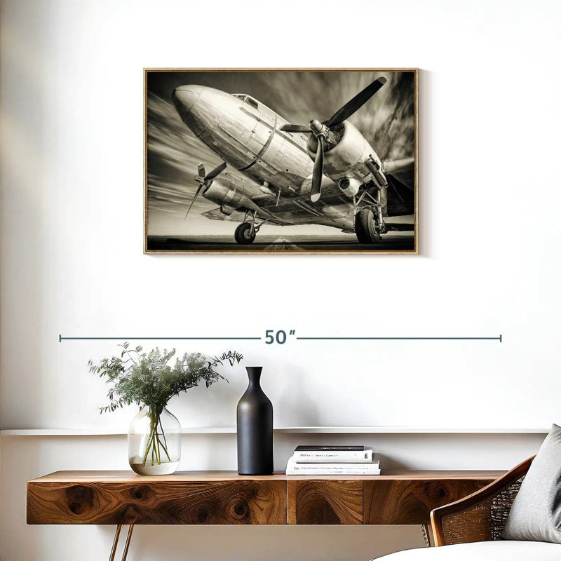 Avion rétro monochrome, Cadre flottant en bois naturel, 31 po x 21 po