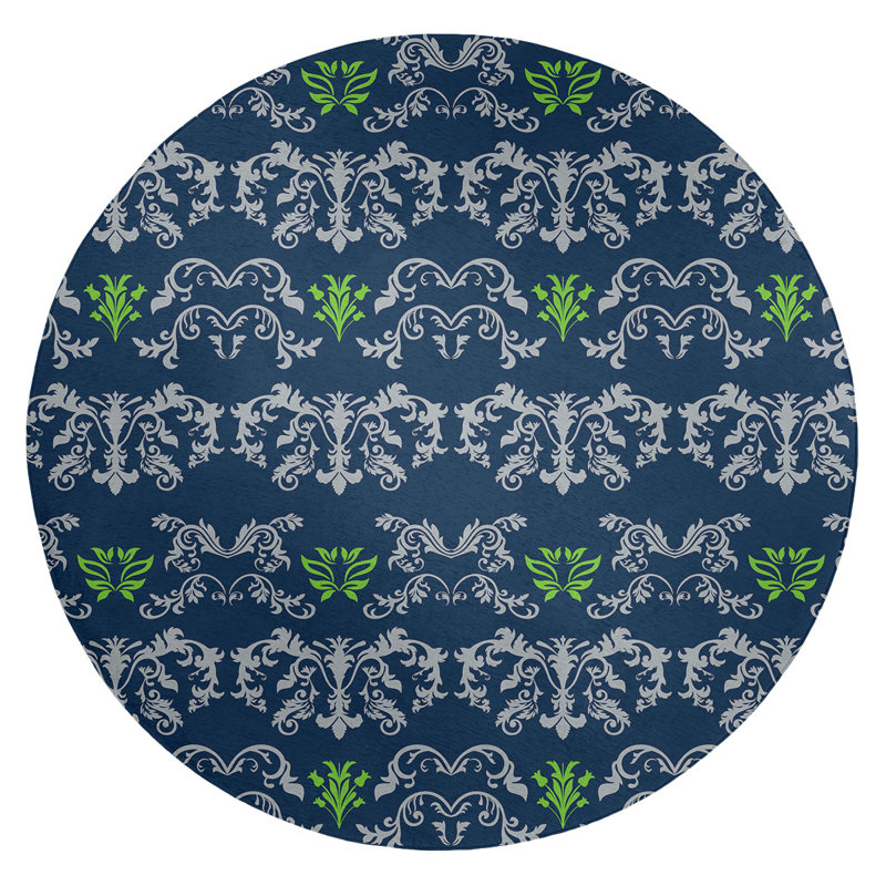 Tapis rond bleu damassé à motif baroque