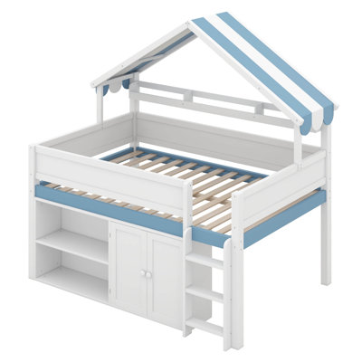 Lit mezzanine double avec toit à baldaquin, lit mezzanine en bois avec toit, armoire de rangement et jeu pour les garçons ou les filles
